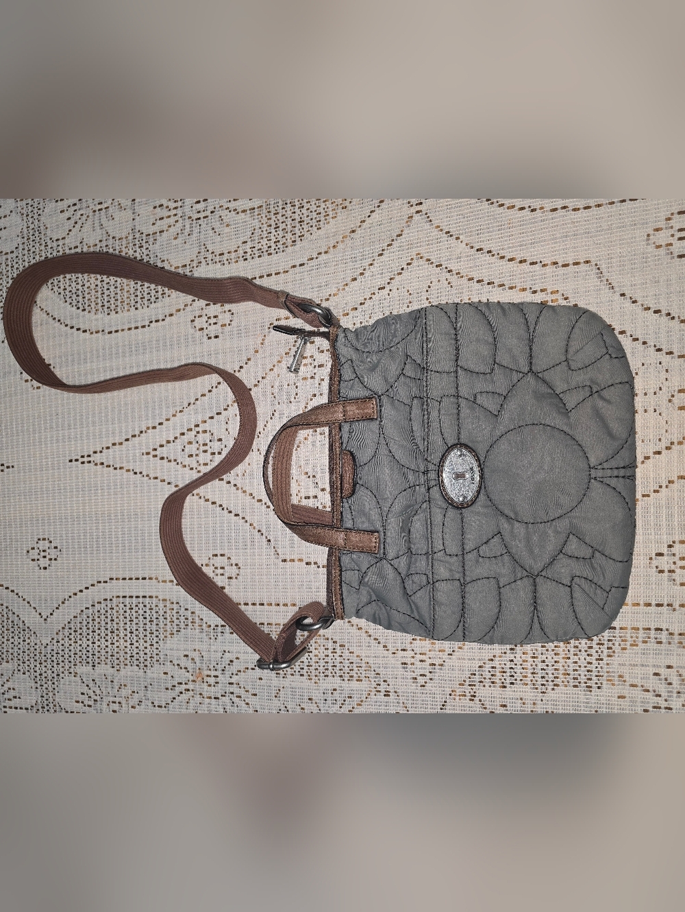 Fossil Quilted Gray Crossbody Bag with Brown Trim